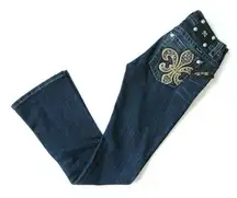 NWT Miss Me Boot in Dark Blue Fleur de Lys Rhinestone Stretch Jeans 27 x 33