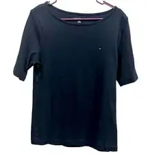 Tommy Hilfiger Navy Blue Short Sleeve Knit Tee Tshirt Embroidered Logo Women’s L