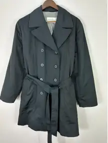 Jones New York Petites 10P Black Trench Coat Belted Double Breasted Quiet Luxury