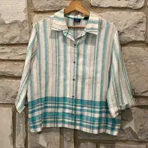 Westbound 100% Linen White & Blue Striped Short Sleeve Button Up Blouse Top 16