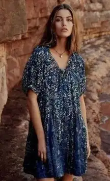 FREE PEOPLE JET SET MINI DRESS MIXED PRINTED TUNIC Oversized DRESS Blue sz small