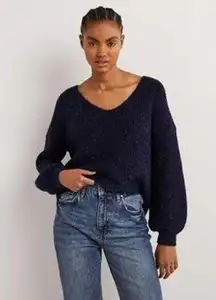 NEW Boden Navy Sparkle Ribbed V-neck Fluffy Bubble Sleeves Cozy Sweater 12