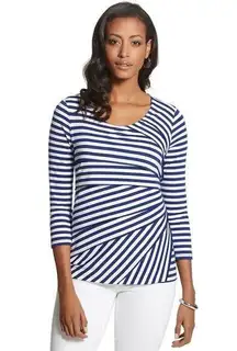 Chico’s Size 2 US L 12 City Striped Top Tiered Blue White Stripe Womens Blouse
