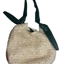 Antik Kraft Women's Straw Tote Bag Natural with Green Handles Ruffle Trim