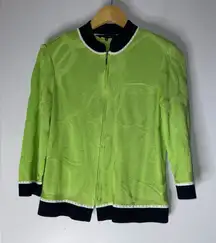 ming wang Green Zip Green Textured Floral Jacket Black Trim Small