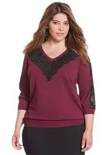 Lane Bryant Plus Size 26 28 Top Knit Burgundy Black Lace‎ Sweater V Neck 639