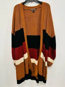 The buckle say what brand long color block cardigan and a women’s size medium!