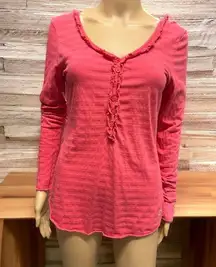 Fox Racing Pink Stripe Long Sleeve Ruffle Button Henley Neck Tee Women’s Medium