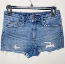 Universal thread high rise shortie distressed light wash denim shorts size 27