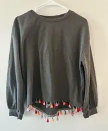 SHEIN Top Women's Small Gray Tassel Fringe Balloon Sleeve Crewneck Boho