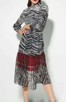 ZARA ANIMAL ZEBRA PRINT FLOATY CONTRAST DRESS BLACK/WHITE/RED SIZE XS NEW