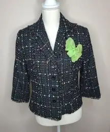 Carole‎ Little Silk Blend Boucle Tweed Fringe Blazer Jacket Size Petite Medium
