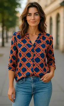 Mud‎ Pie Womens Blouse Size L 12 14 Blue Orange Red Chain Link Print Tunic