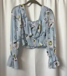  Blue Floral Chiffon Long Sleeve Ruffle Sleeve Top Size Medium