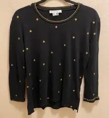 Gerard Darel Black & Gold Glitter Star 3/4 Length Sleeve Tee Size Small