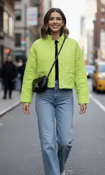 7 For All Mankind Neon Lime Green Cropped Quilted Jacket Size XS EUC!!