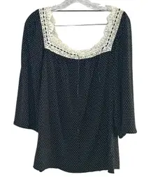 Tart Black White Polka Dot Square Neck Lace Trim Bell Sleeve Top L classic girly