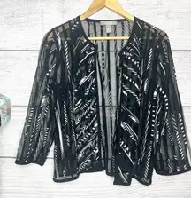 Chico's Black & White Sheer Ribbon Trim Blazer Jacket Size Medium Classy Dressy