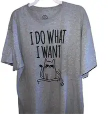 Fun gray cat lovers crew neck T-shirt! Fun sayings on front