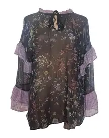 a.n.a A New Approach Black Sheer Floral Blouse Ruffle Sleeves Size Small