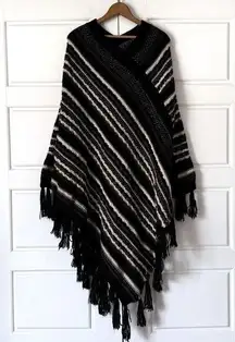 Lane Bryant Womens Striped Poncho  Sweater OS Black Cream Long Tassels Heavy