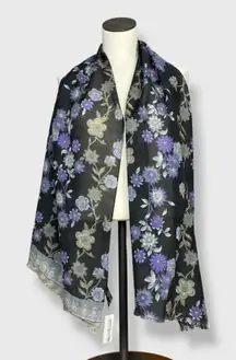 Vivante Scarf Floral Gray Gauzy Viscose Wool FLAWS NWT Raw Edge‎ Fringe Boho
