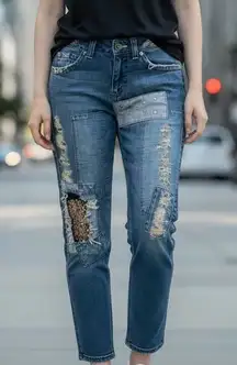LF‎ Furst of A Kind Denim Patched Crop Straight Upcycled Denim Jeans