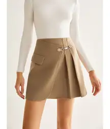 Commense Y2K Clueless Magnet Closure Pleated Mini Skirt Beige Preppy Small