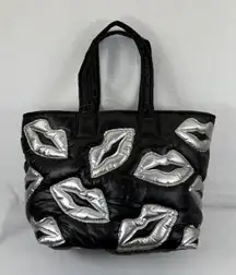 Wildfox Black Puffer Tote Bag Silver Lips Print Quilted Carryall Handbag‎