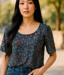 ABOUT A GIRL Black Floral Short Bohemian Boho Blouse Top ~ Women's Size MEDIUM