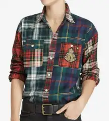 Polo Ralph Lauren Patchwork Flannel Crest Emblem Boyfriend Button Up Shirt Sz L