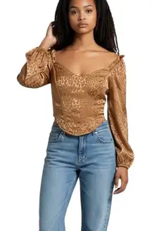 Milk & Honey Satin Corset Top Womens XL Long Sleeve Leopard Print Smocked Blouse