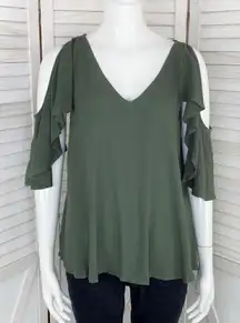 Love Riche Ruffle Sleeve Cold Shoulder Top Army Green Medium V-neck