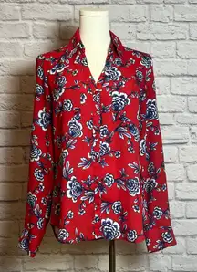 Express Portofino Slim Fit Shirt Red Floral Button Down Blouse Women's Small