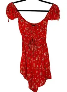 Blue Life  Sz M Women's Red Floral Cut Out Cinched Front Romper Shorts