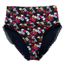 Skinny Dippers Daisy Duke Ruffled Bikini Bottom Size L Black Floral High Waist
