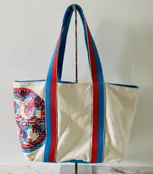 TORY BURCH Ivory Blue Red Color Block Canvas Tote Bag