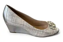Antonio Melani Silver Embellished Peep Toe Wedge Heels‎ Women Size 8