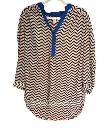 Tacera Womens Sz 1X Brown Black Chevron Roll Tab Sleeve Sheer Blouse Top V Neck