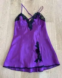 Fredericks Y2K Vintage V Neck Slip Dress in Purple with Black Lace