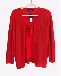 Jones New York Red Pointelle Knit Tank (XL) & Tie-Front Cardigan (L)  Set