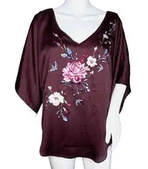 White House Black Market Blouse Women Small Purple Satin Floral Embroidered Boho