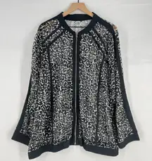 Avenue Sheer Bomber Jacket Womens 26/28 (3X) Black White Leopard Print Full Zip