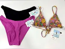 ROXY NWT $138 3PC Bikini Top + solid beach classics high leg bottoms‎ M