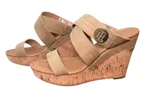 Tommy Hilfiger Women's Beige Faux Leather Cork Wedge Heels Platform Sandals 10M
