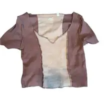 Brown and Tan Crop Blouse with Short Sleeves and Cut Out Features