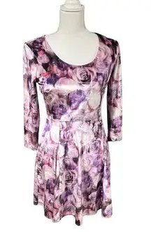 Nanette Lepore  L’Amour Purple Rose Print Velvet Long Sleeve Dress Size MEDIUM