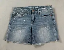 American Eagle Denim Jean Shorts Womens 4 Blue Distressed Paint Splatter Cut Off