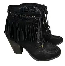 Gianni Bini Black Suede Leather Fringe Studded High Heel Ankle Boots Size 8M