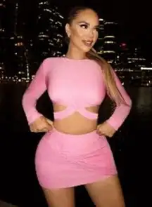 NWT Mebon By Machine Blush Pink Crisscross Ribbed Crop Sweater & Skirt Set L